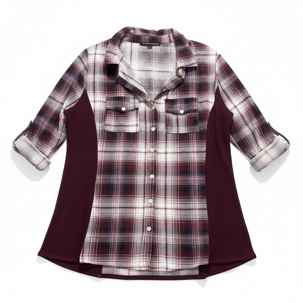 Always Indigo Womens 1X Burgundy Plaid Button Up Shirt Boho Casual Mixed Media